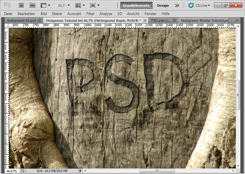 Gravureffekt in Holz für Typo und Layout