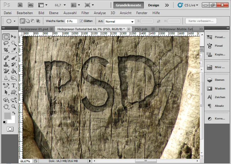 Gravureffekt in Holz für Typo und Layout