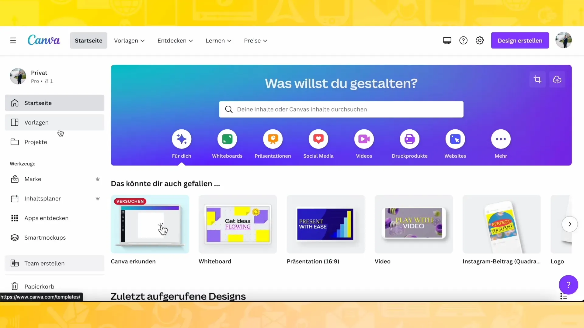 Canva-Tutorial zur Navigation im Dashboard – linke Spalte