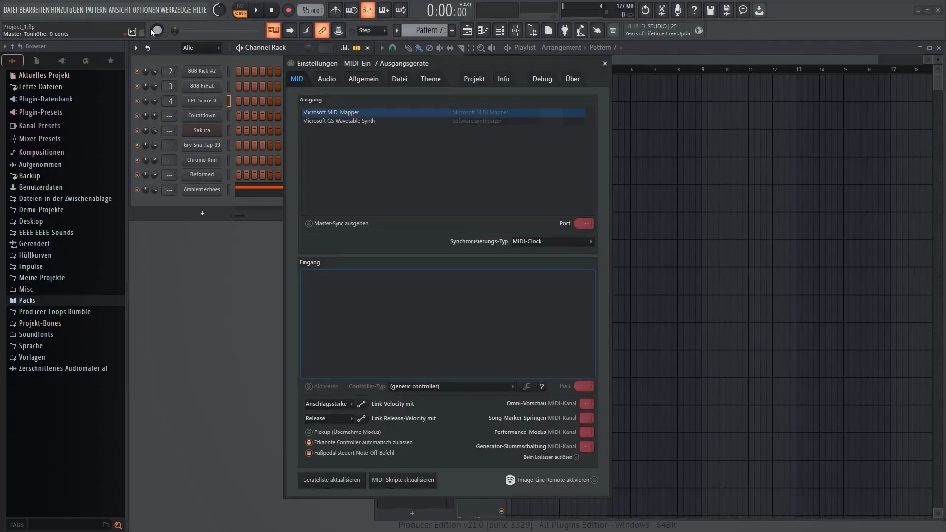 Povezovanje strojne opreme in upravljanje vstavnih programov v programu FL Studio 21