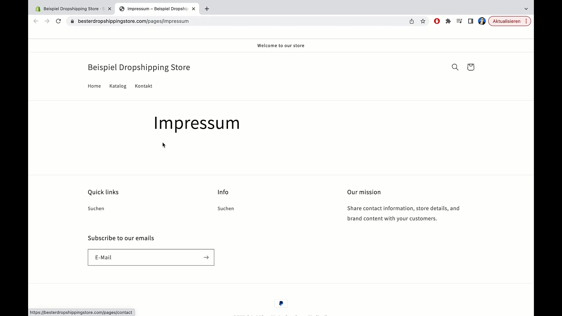 Add imprint, terms and conditions, and privacy policy in Shopify for the e-commerce course