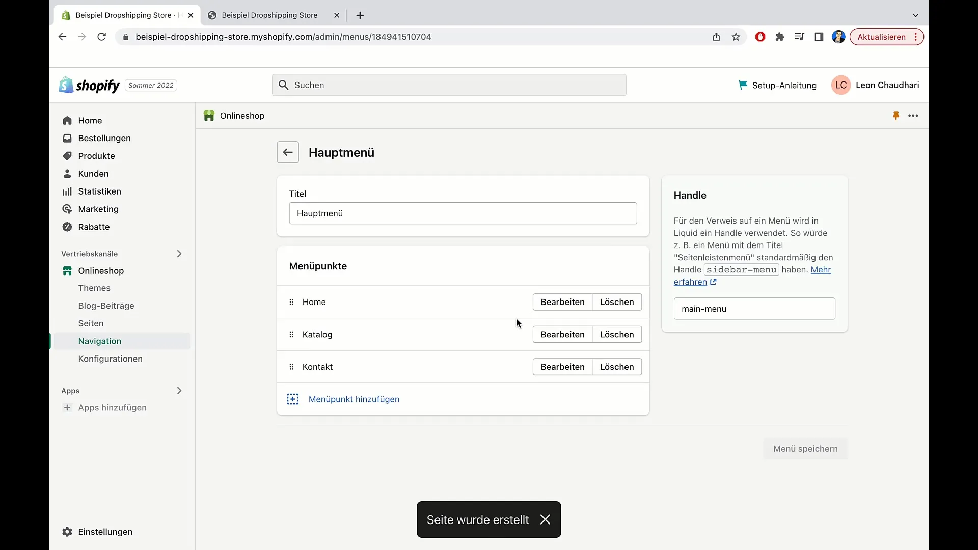 Instructions for customizing the main menu in Shopify