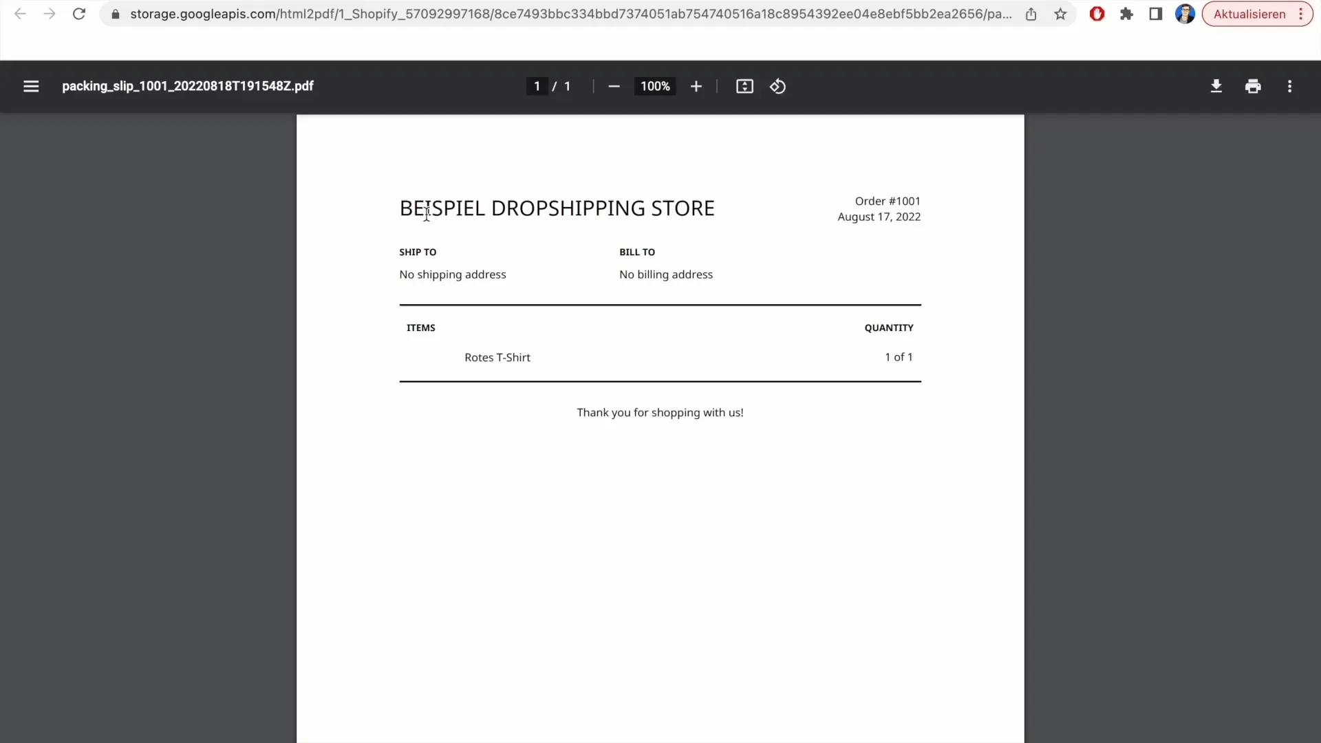 Printing delivery note in Shopify