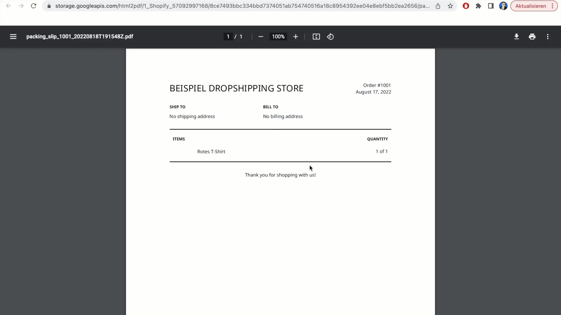 Print delivery note in Shopify