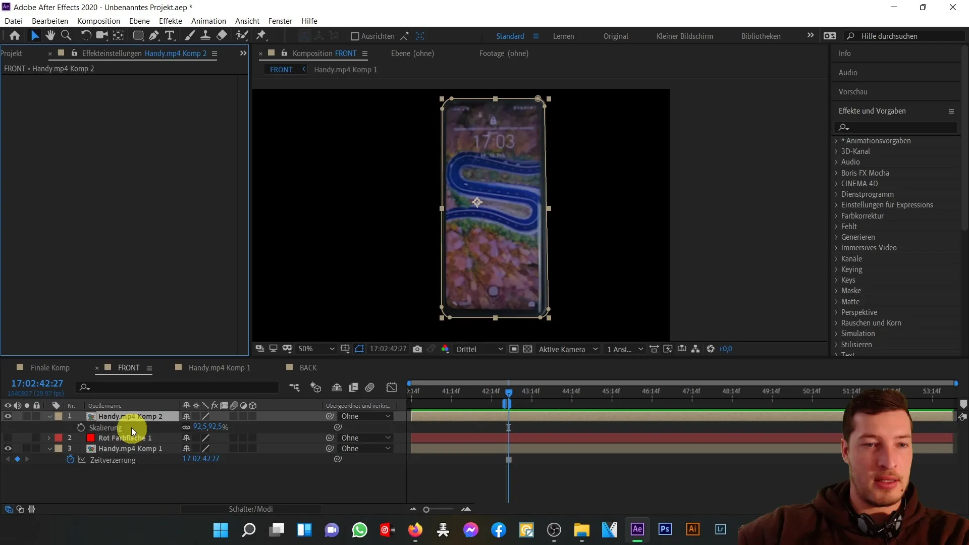 3D mobilā tālruņa priekšpuses un aizmugures ideāla koordinācija programmā After Effects