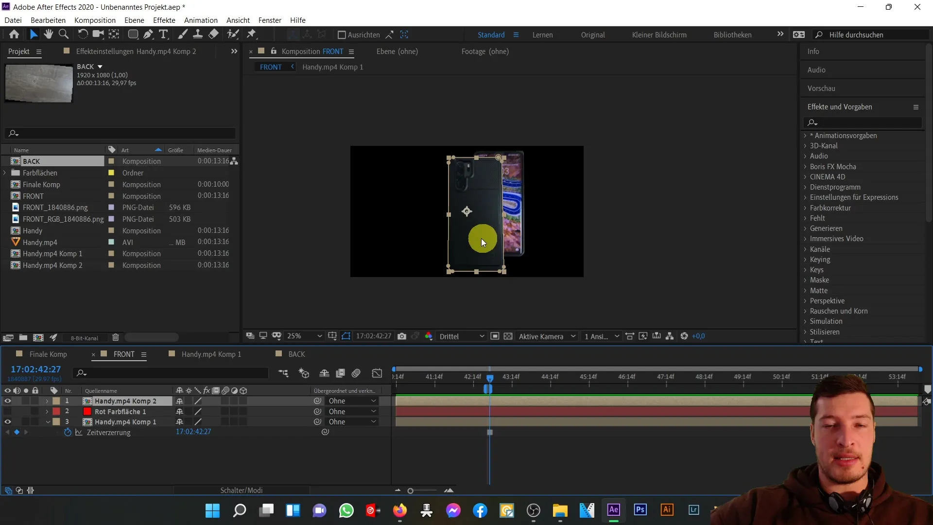 After Effects'te 3D cep telefonunun ön ve arka tarafının mükemmel uyumu