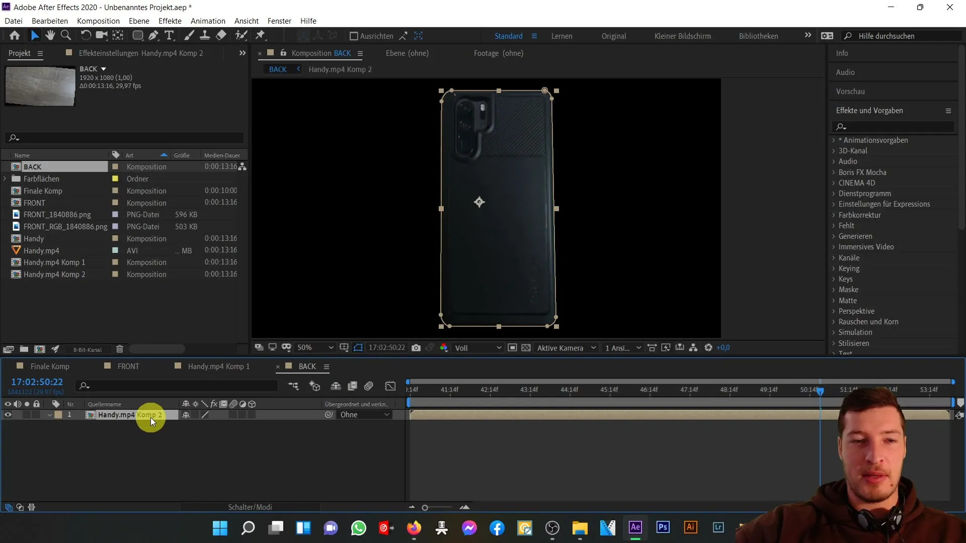 3D mobilā tālruņa priekšpuses un aizmugures ideāla koordinācija programmā After Effects