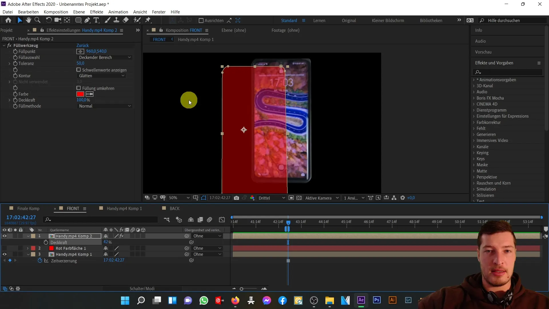 3D mobilā tālruņa priekšpuses un aizmugures ideāla koordinācija programmā After Effects