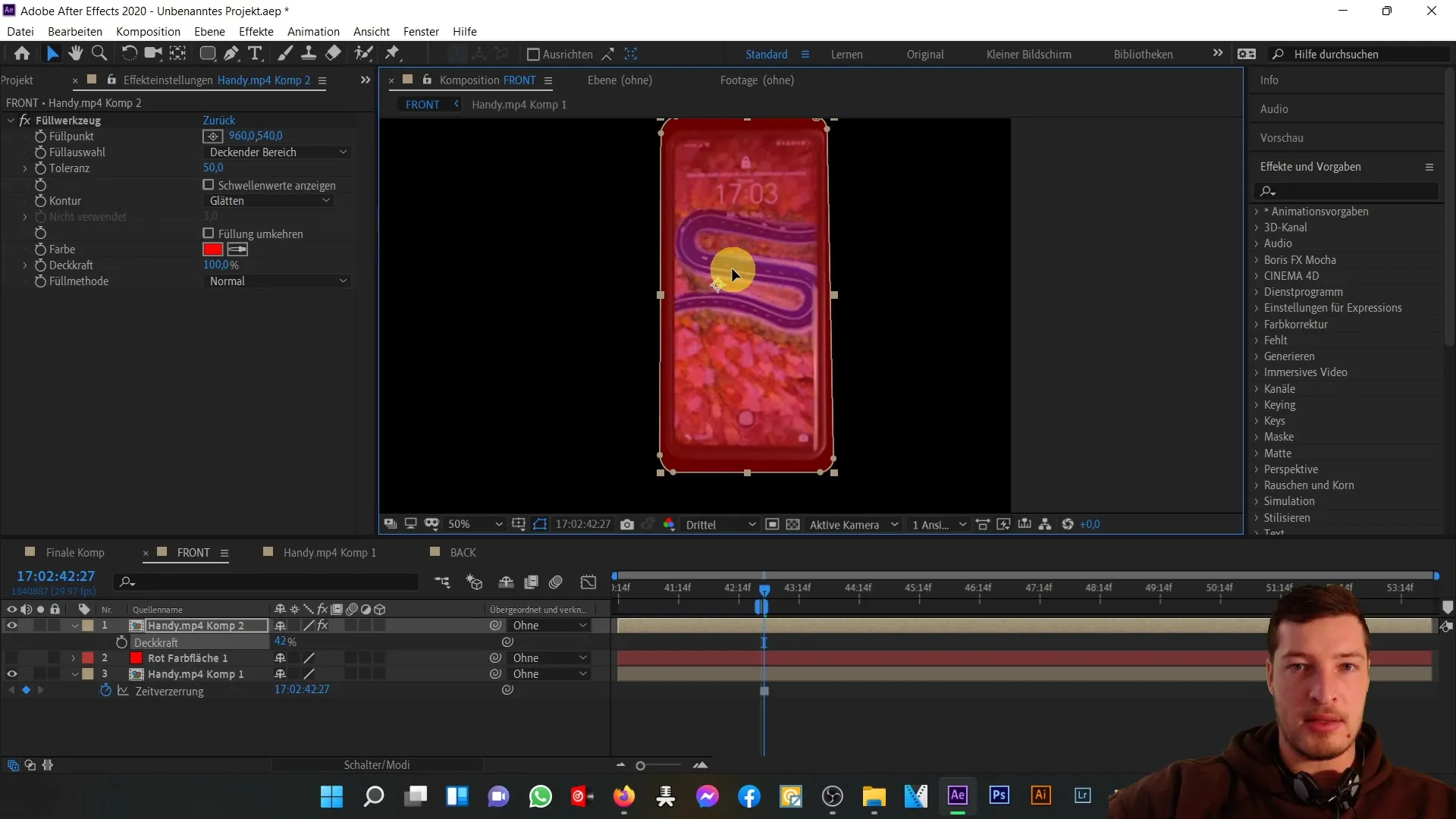 After Effects'te 3B cep telefonunun ön ve arka tarafının mükemmel uyumu