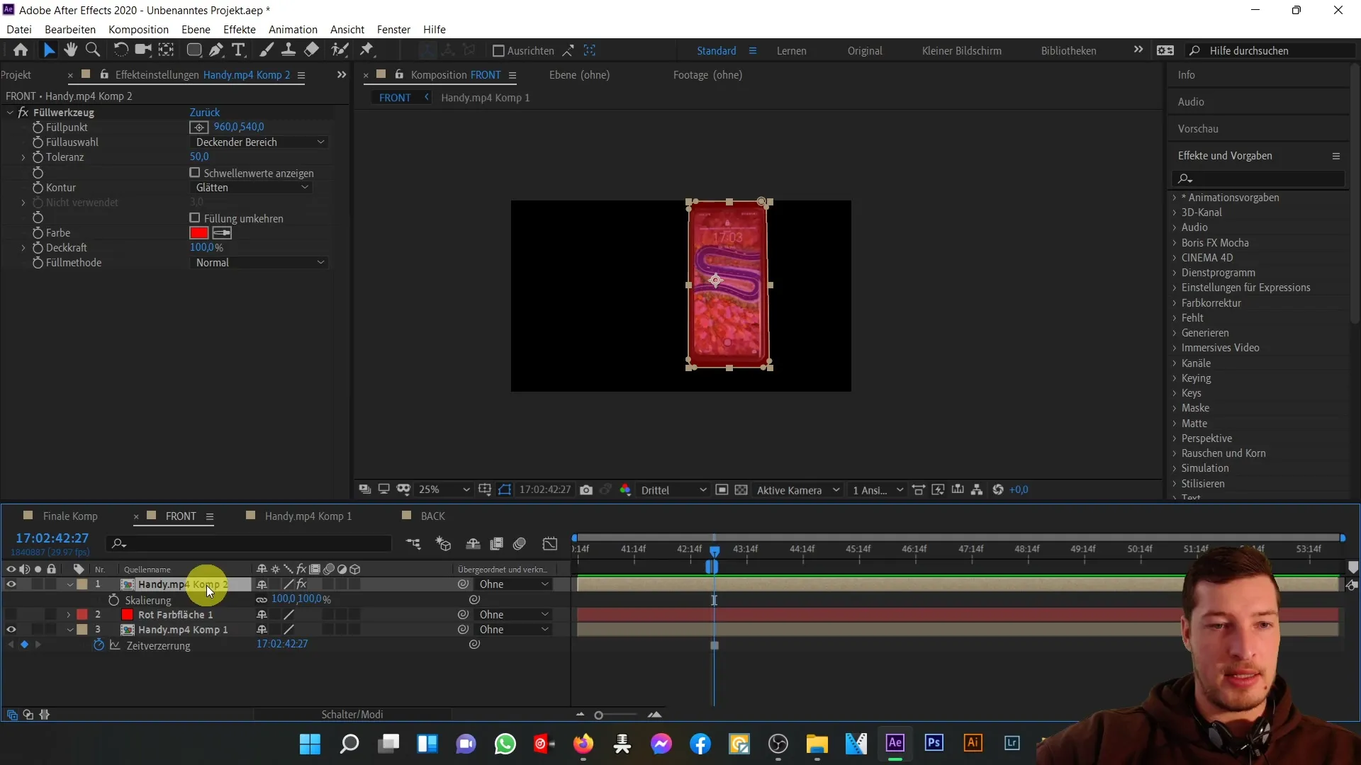 3D mobilā tālruņa priekšpuses un aizmugures ideāla koordinācija programmā After Effects