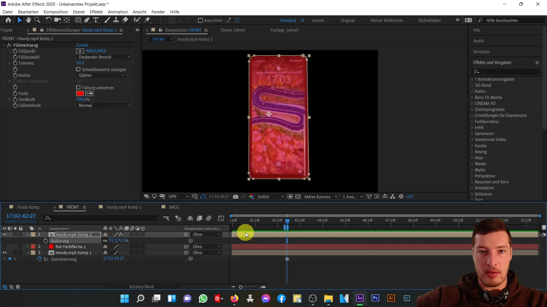 3D mobilā tālruņa priekšpuses un aizmugures ideāla koordinācija programmā After Effects