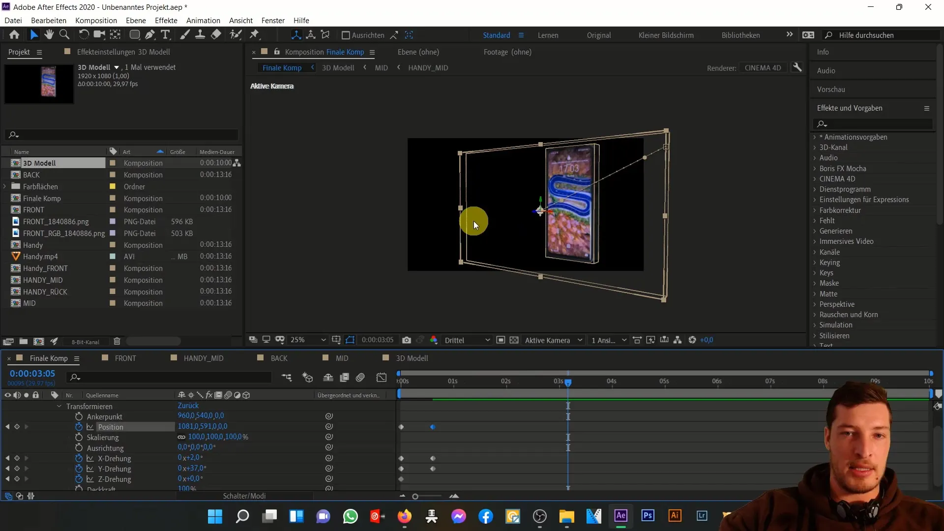 3D animacija mobilnega telefona v programu After Effects: Gibi in učinki