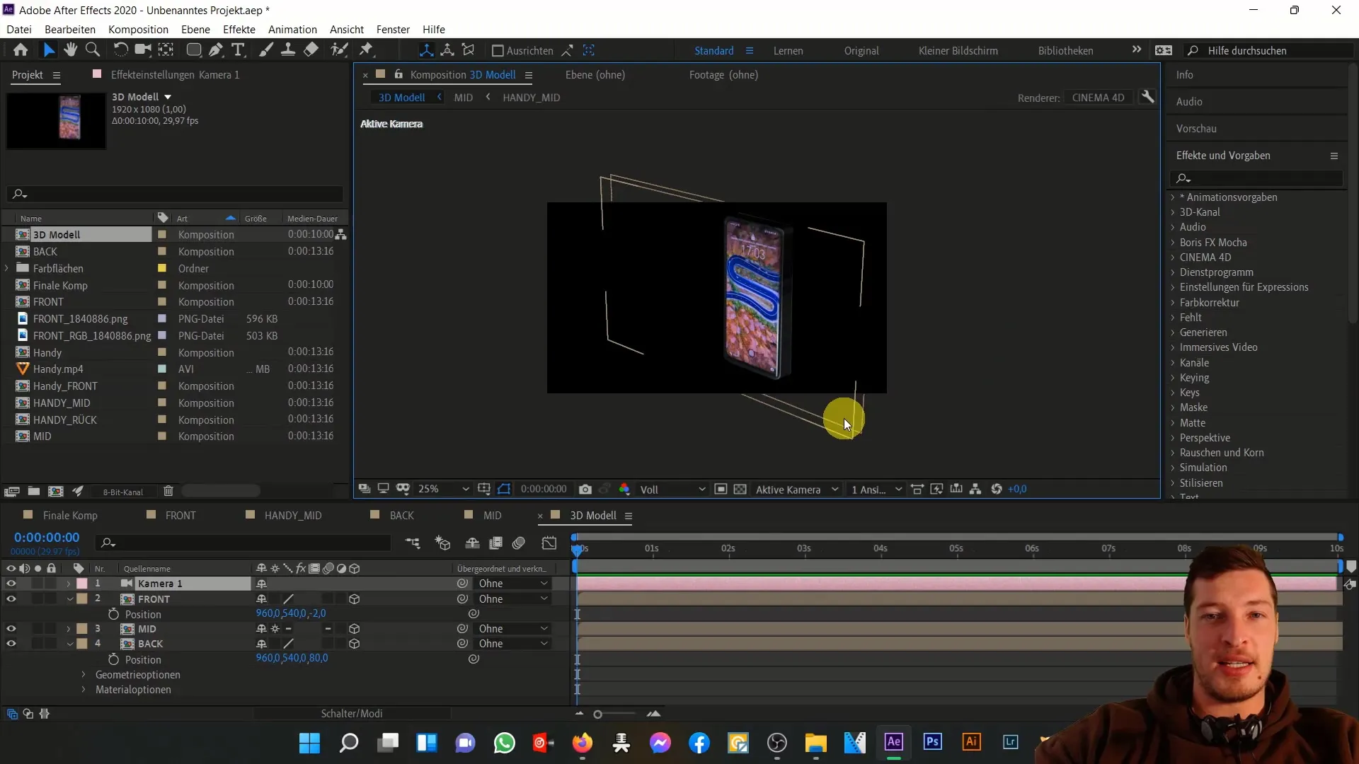 After Effects'te 3D cep telefonu animasyonu: Hareketler ve efektler