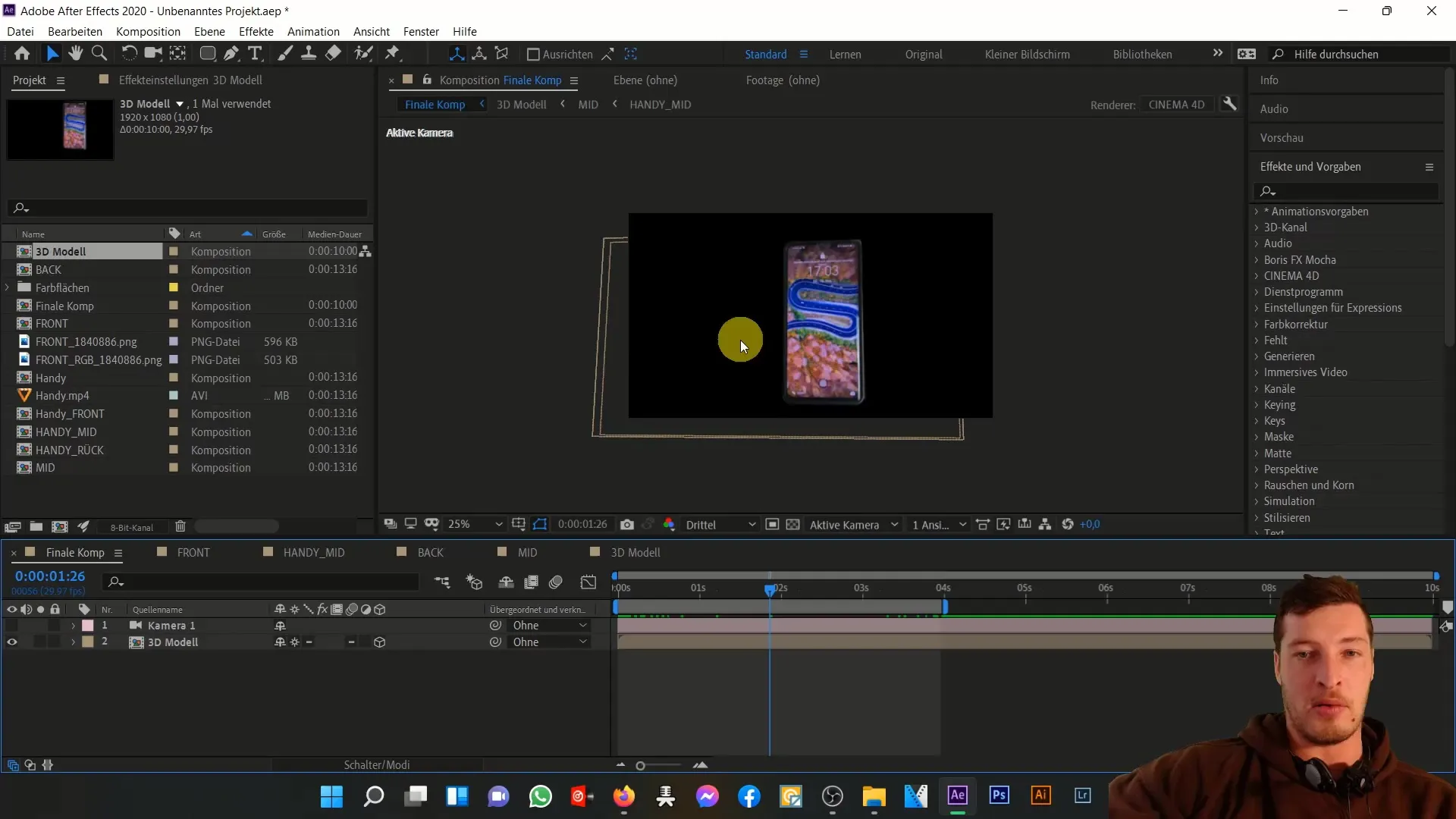 After Effects'te 3D cep telefonu animasyonu: Hareketler ve Efektler