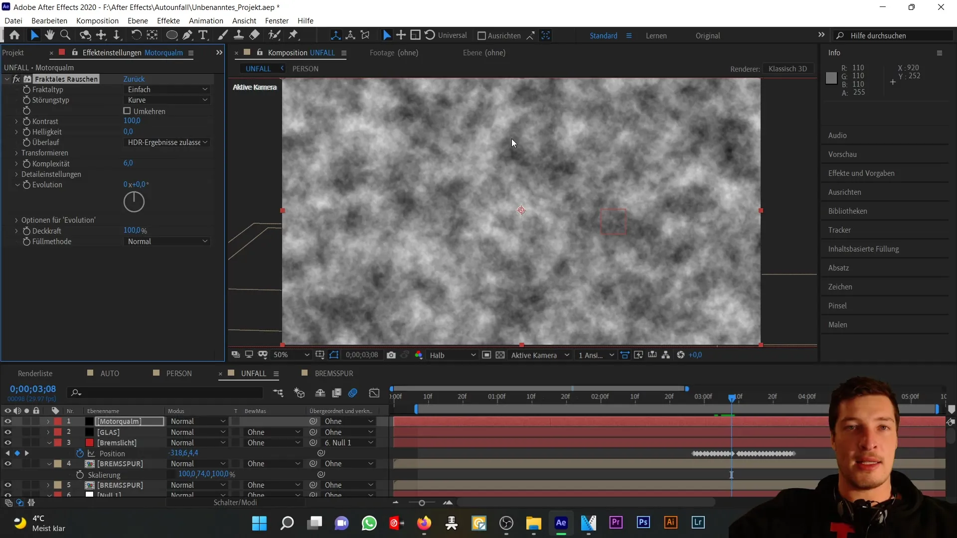 Vytvoření realistického kouřového efektu v programu After Effects pro autonehody