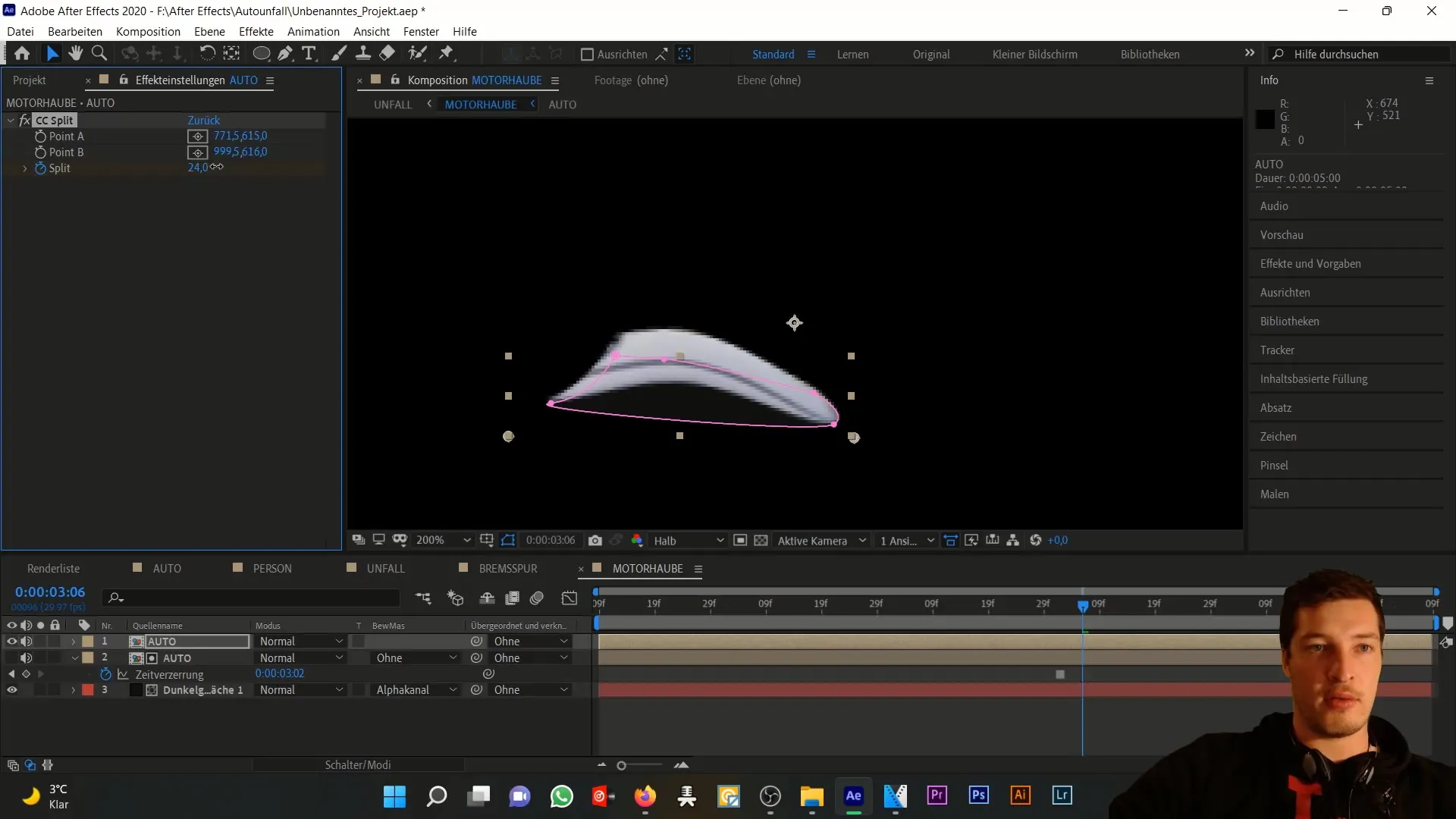 Simulasi realistis kerusakan pada kap mesin di After Effects