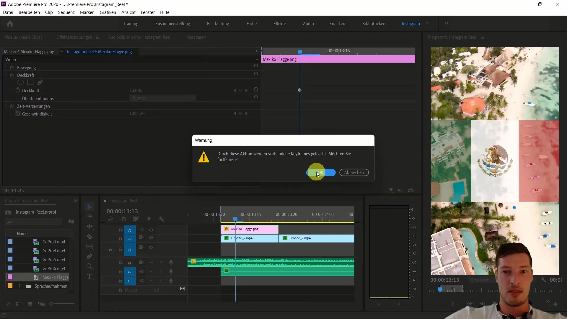 Mengedit video dengan Adobe Premiere Pro: Menyisipkan bendera Meksiko dan menggunakan efek Track Matte