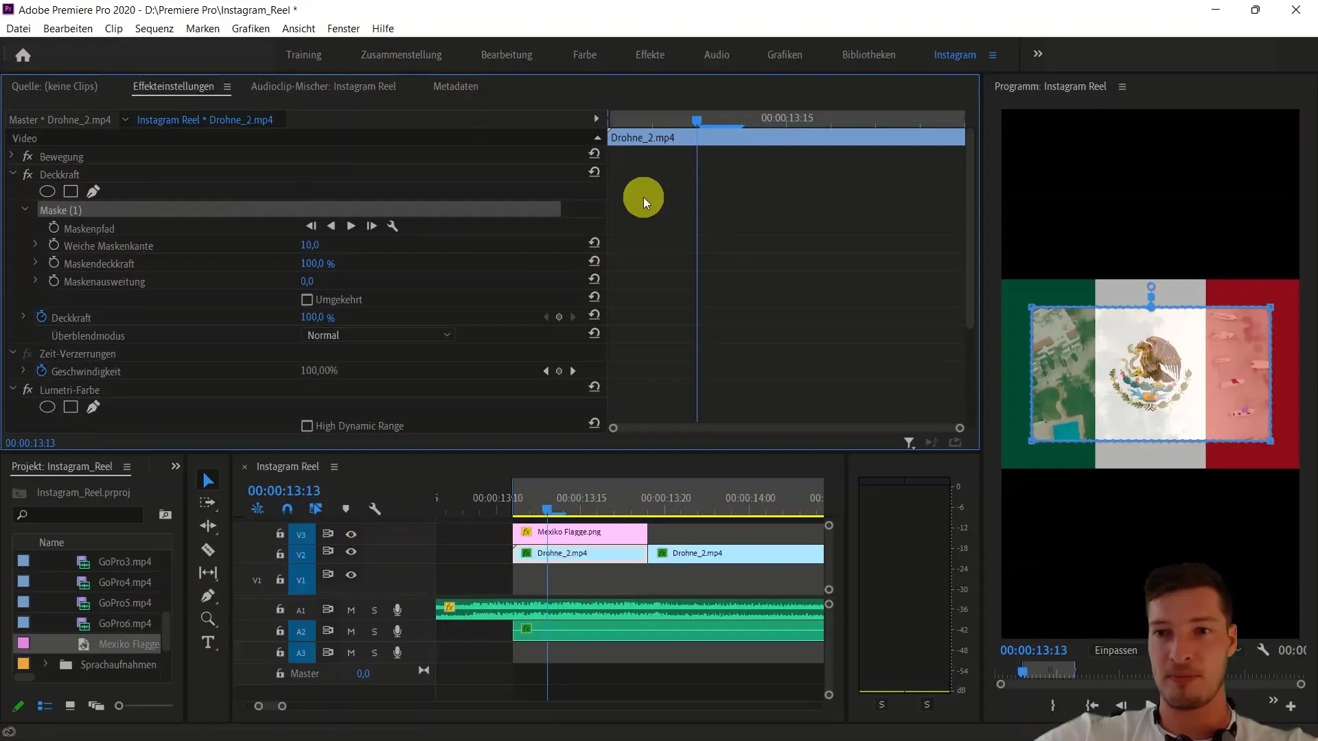 Mengedit video dengan Adobe Premiere Pro: Menambahkan bendera Meksiko dan menggunakan efek Track Matte