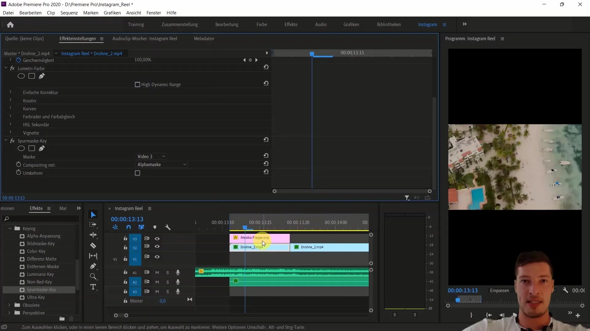 Mengedit video dengan Adobe Premiere Pro: Menyisipkan bendera Meksiko dan menggunakan efek Track Matte