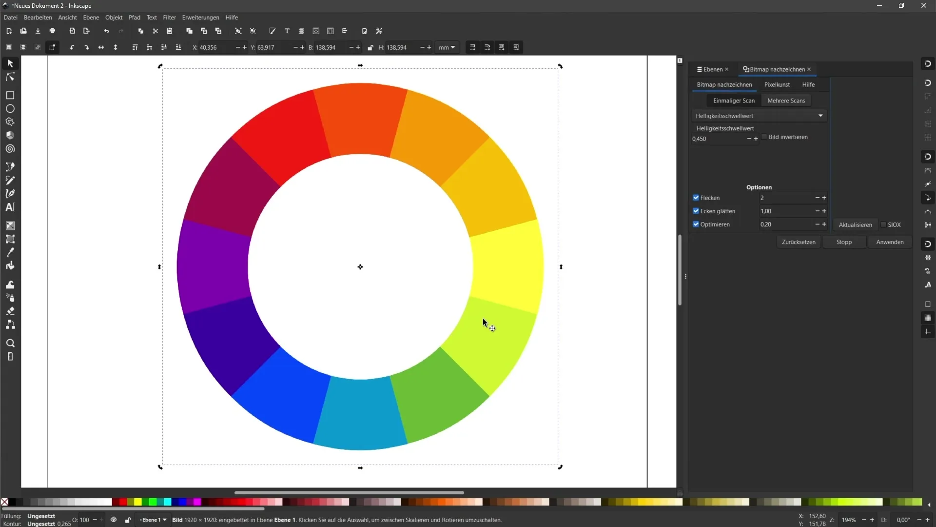 Anleitung zur Vektorisierung von PNG-Bildern in Inkscape: Einmaliger Scan