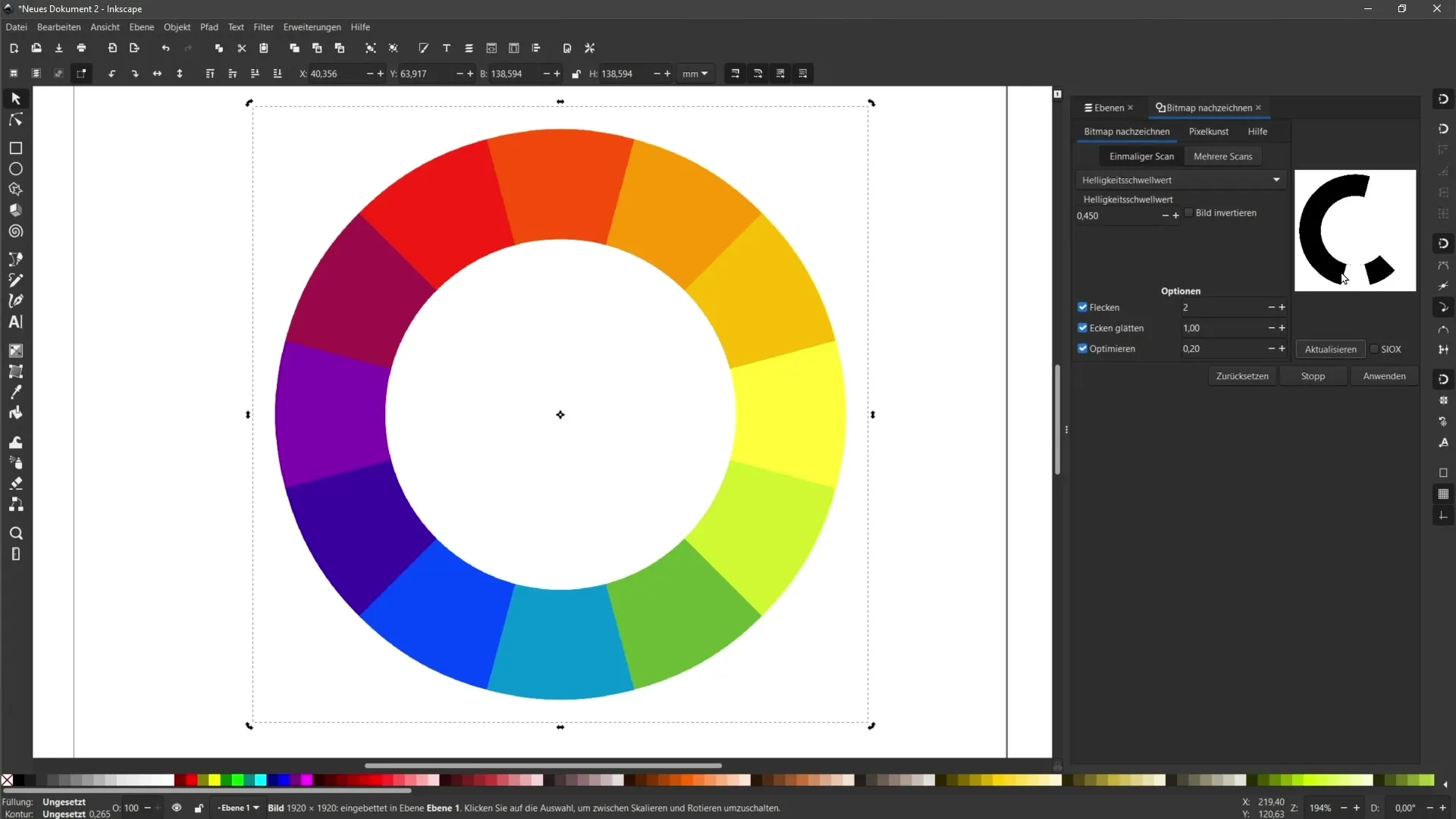 Anleitung zur Vektorisierung von PNG-Bildern in Inkscape: Einmaliger Scan