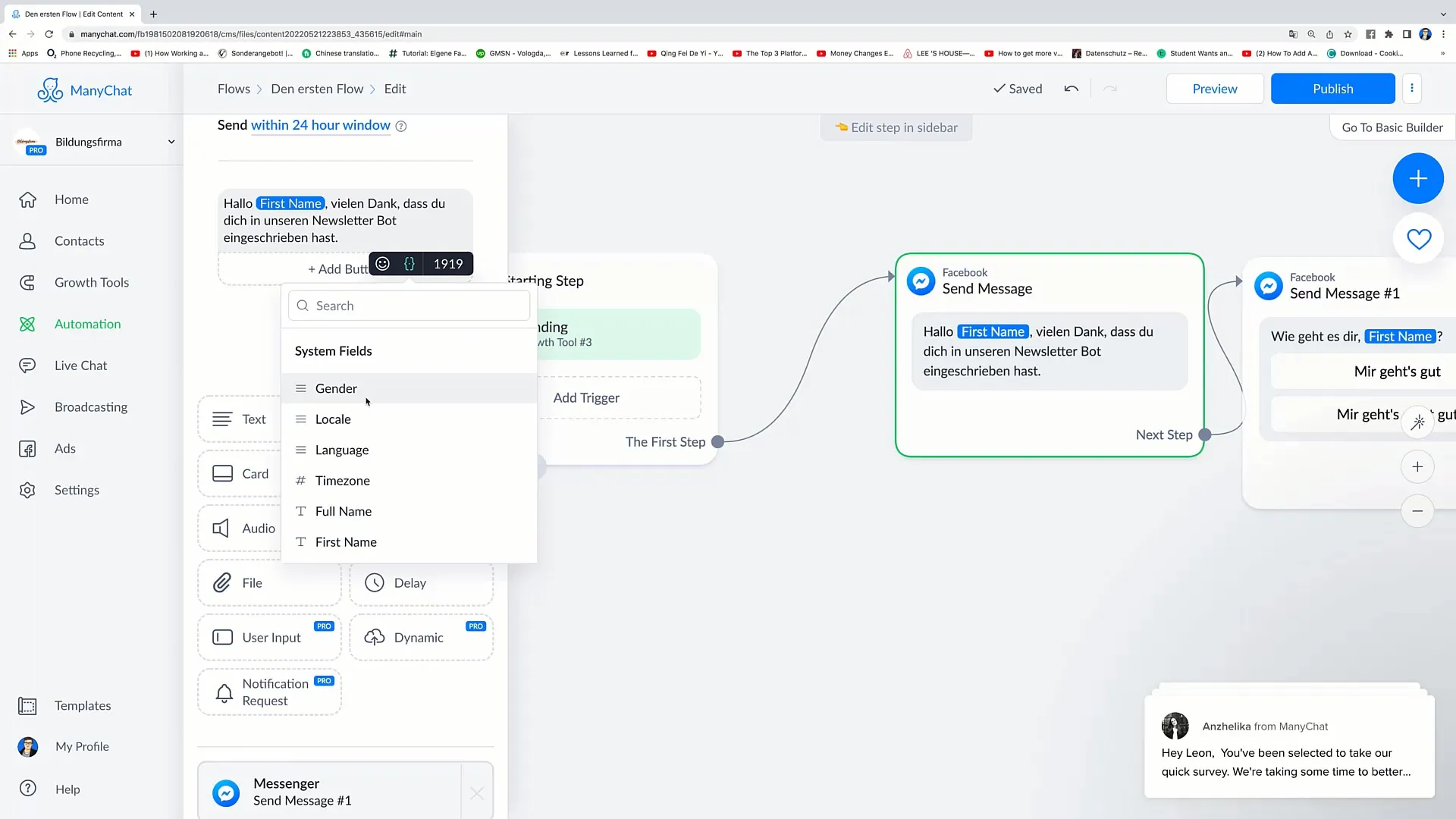 Successfully implement personalizations in flow messages