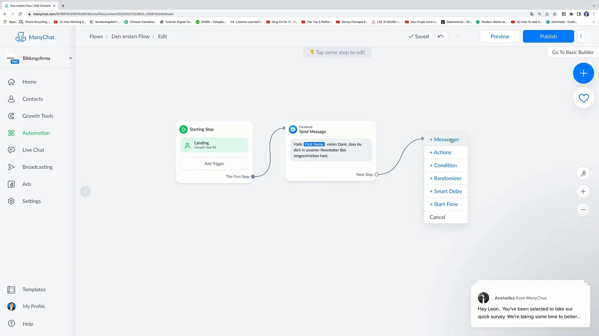 Assim adicionas mais passos ao teu fluxo de marketing no Facebook