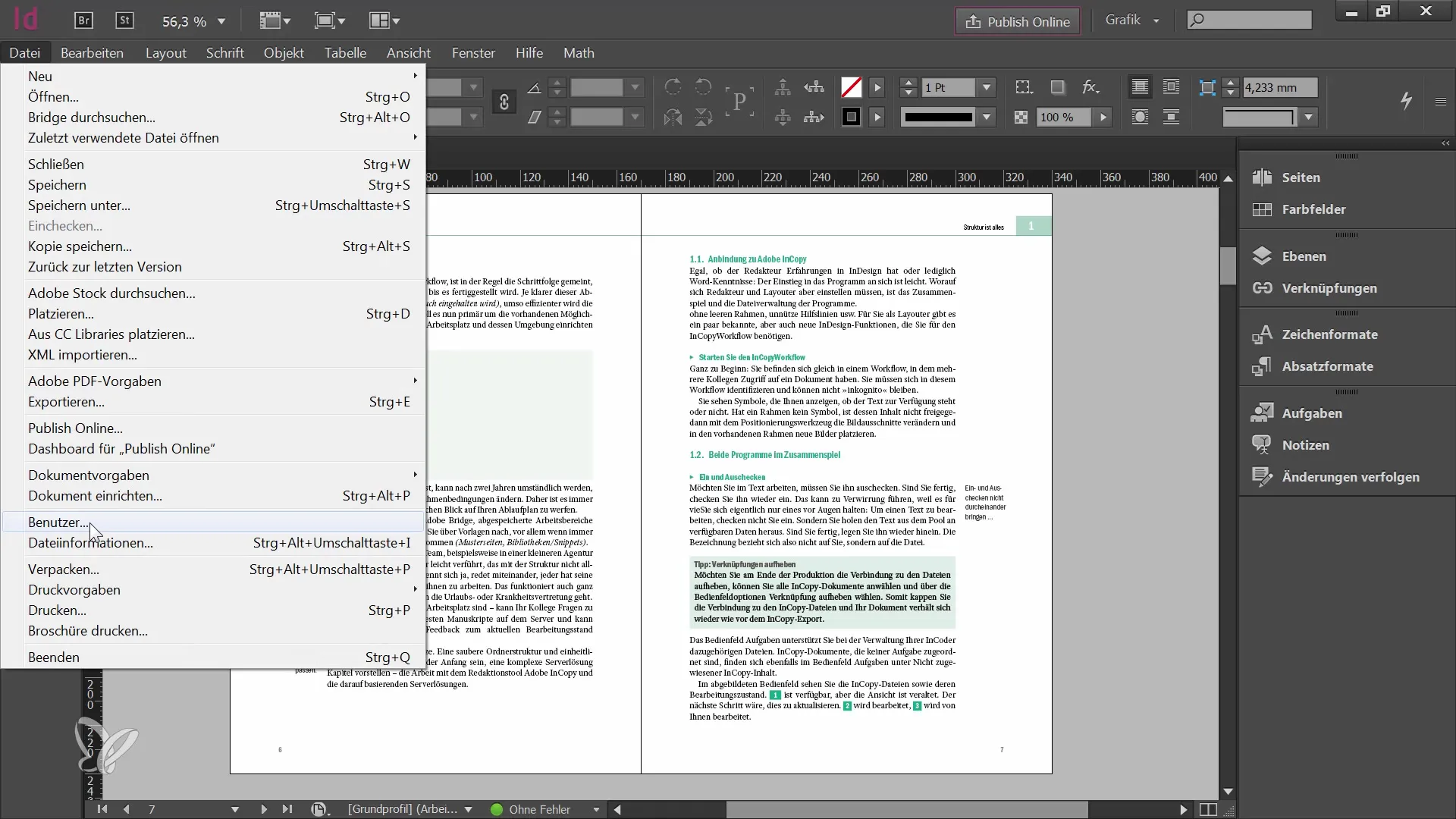 Instruktioner för användar- och kontrollpanelshantering i Adobe InCopy CC för redaktörer