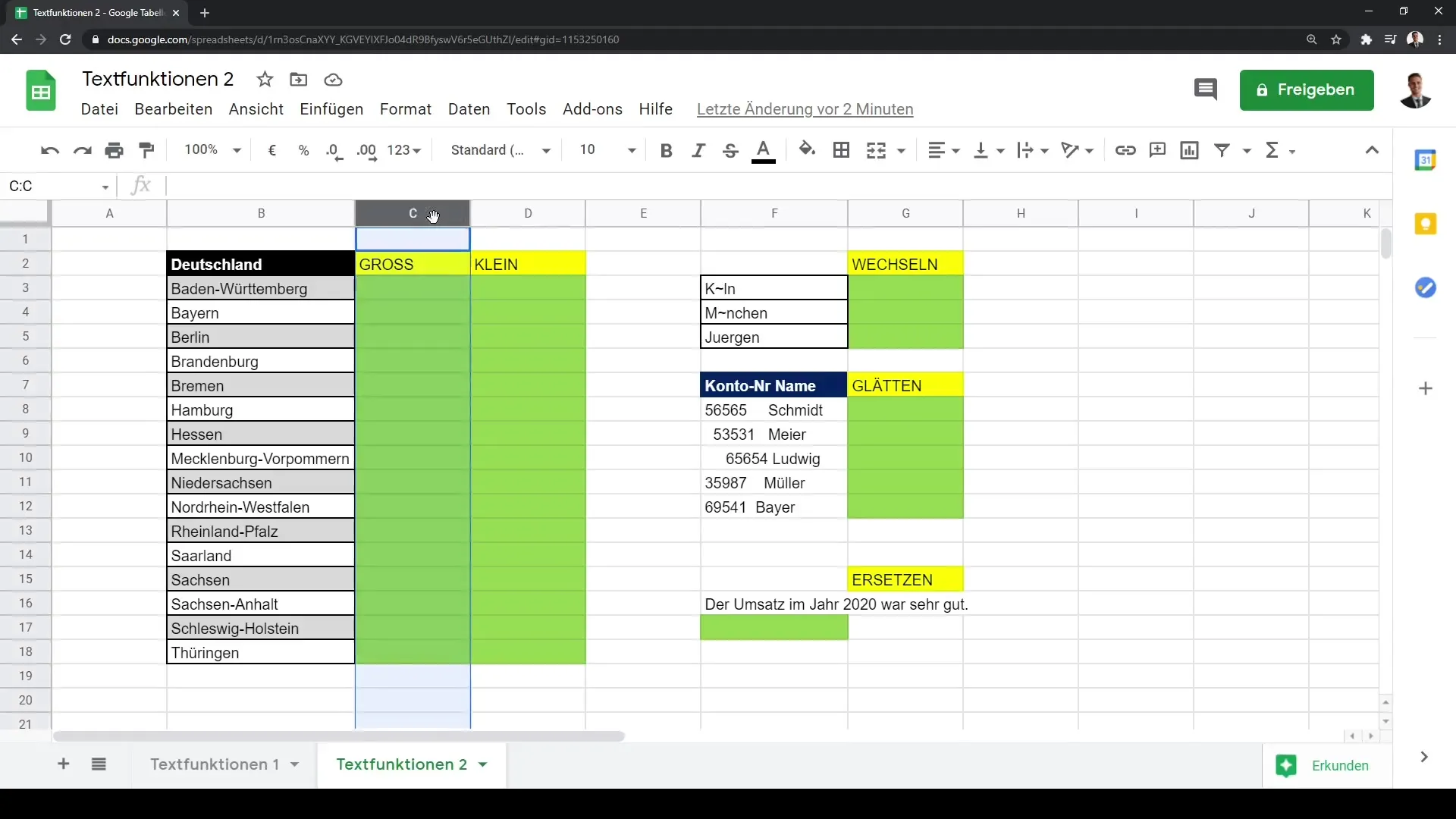 Fungsi teks lanjutan di Google Sheets