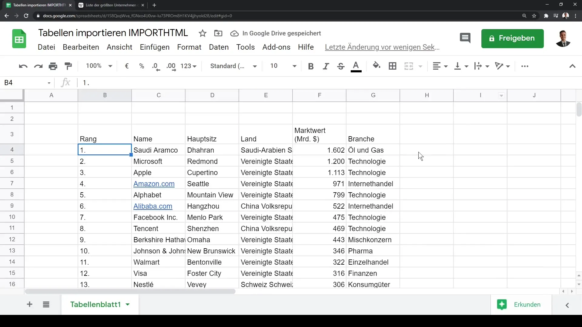 Google Sheets: Importer des données à partir de tableaux HTML