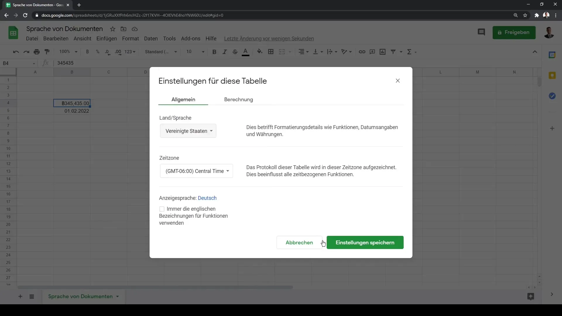 Google Sheets: pielāgot valodu un reģiona iestatījumus