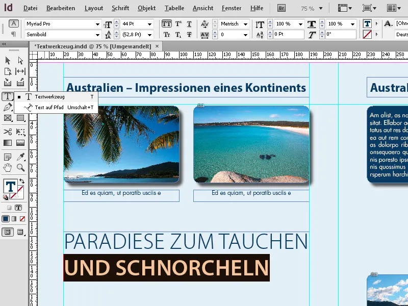 Orodje za besedilo in orodje za besedilo po poti v programu InDesign