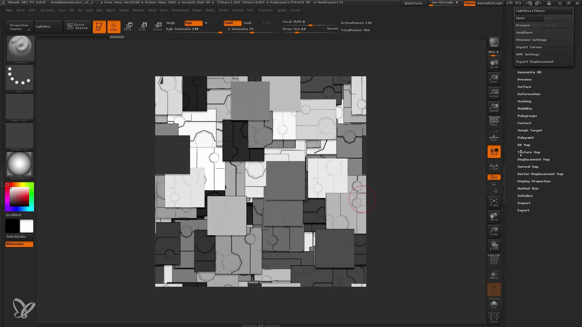 Membuat alpha ZBrush dengan generator Greeble