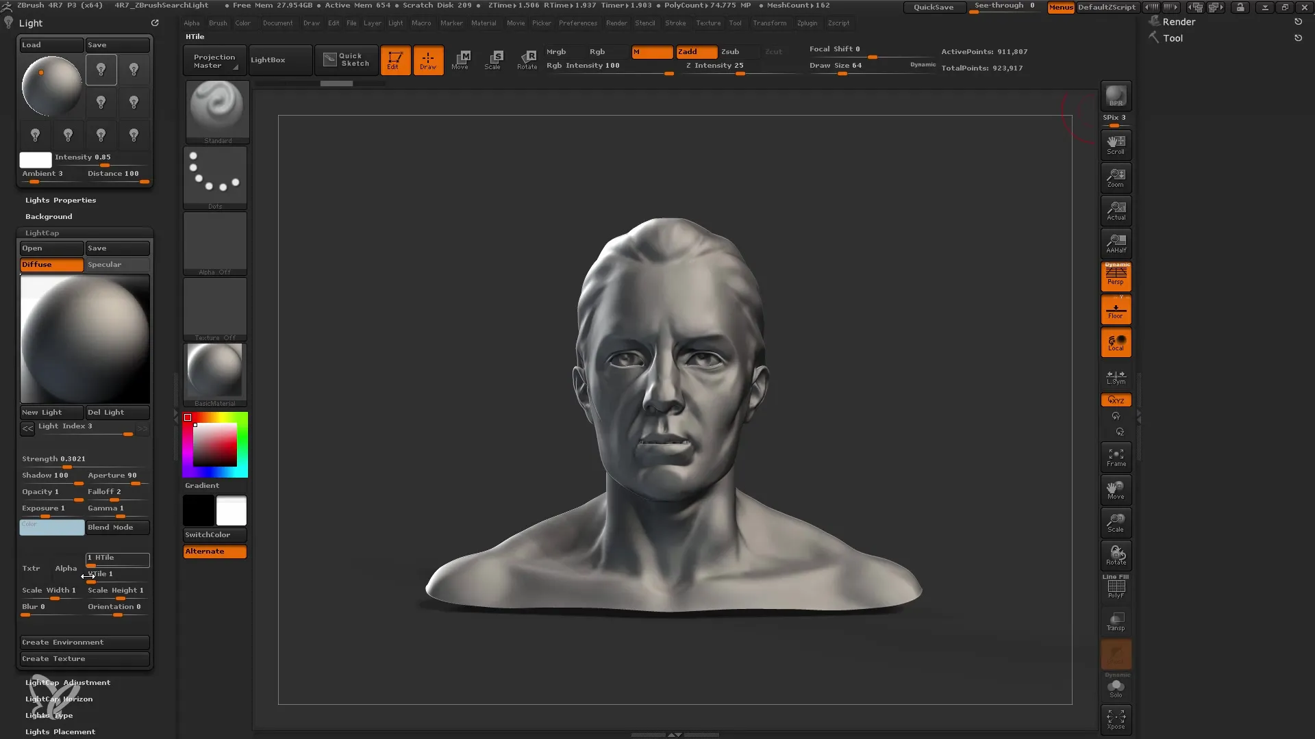 Apgaismojuma iestatījumu optimizēšana programmā ZBrush, izmantojot gaismas vāciņus