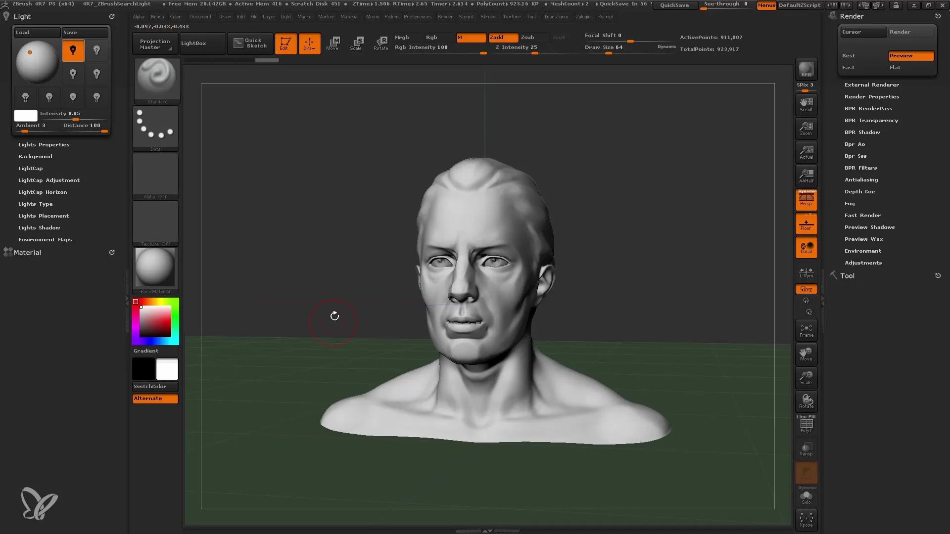 Apgaismojuma iestatījumu optimizēšana programmā ZBrush, izmantojot gaismas vāciņus