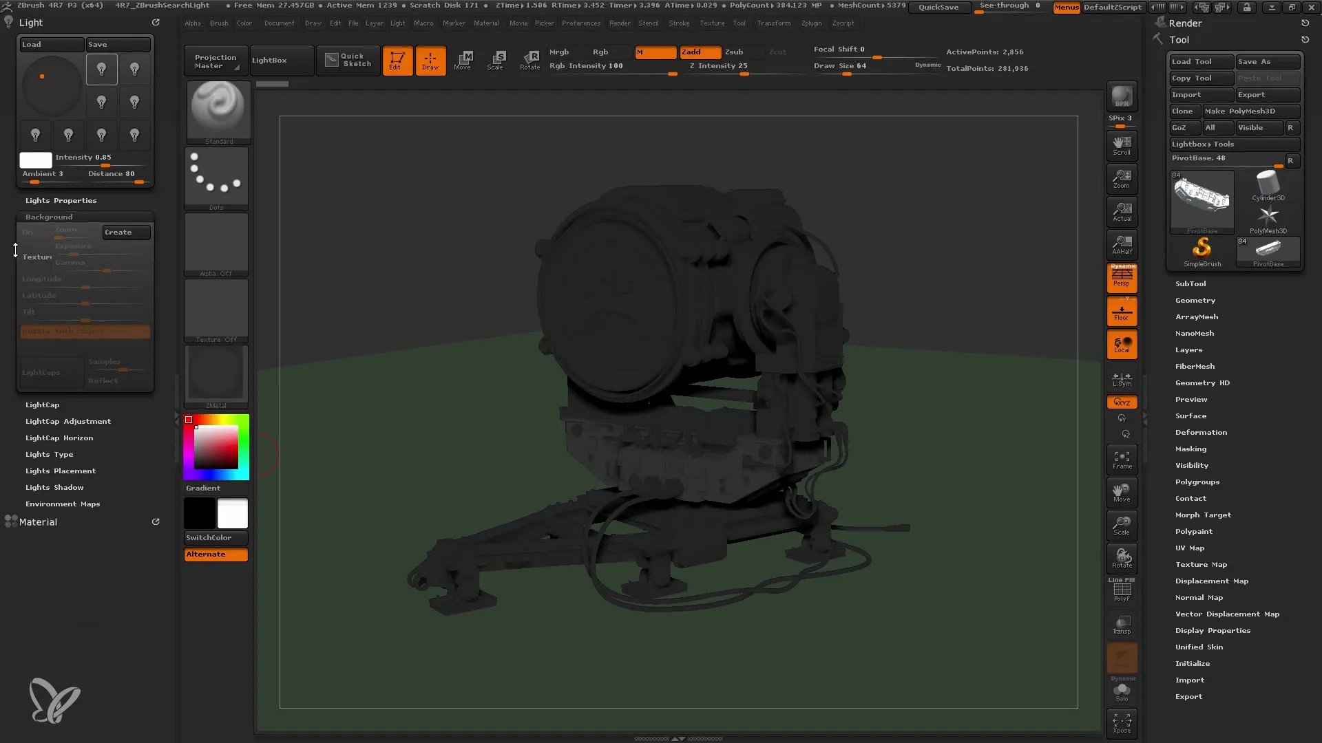 Apgaismojuma iestatījumu optimizēšana programmā ZBrush, izmantojot gaismas vāciņus