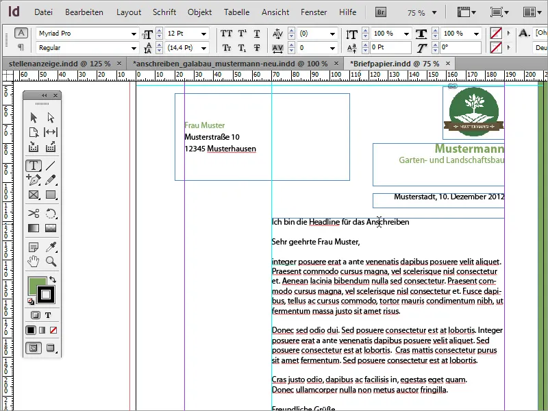 Designt brevpapir i klassisk/moderne og lekent stil i Adobe InDesign.