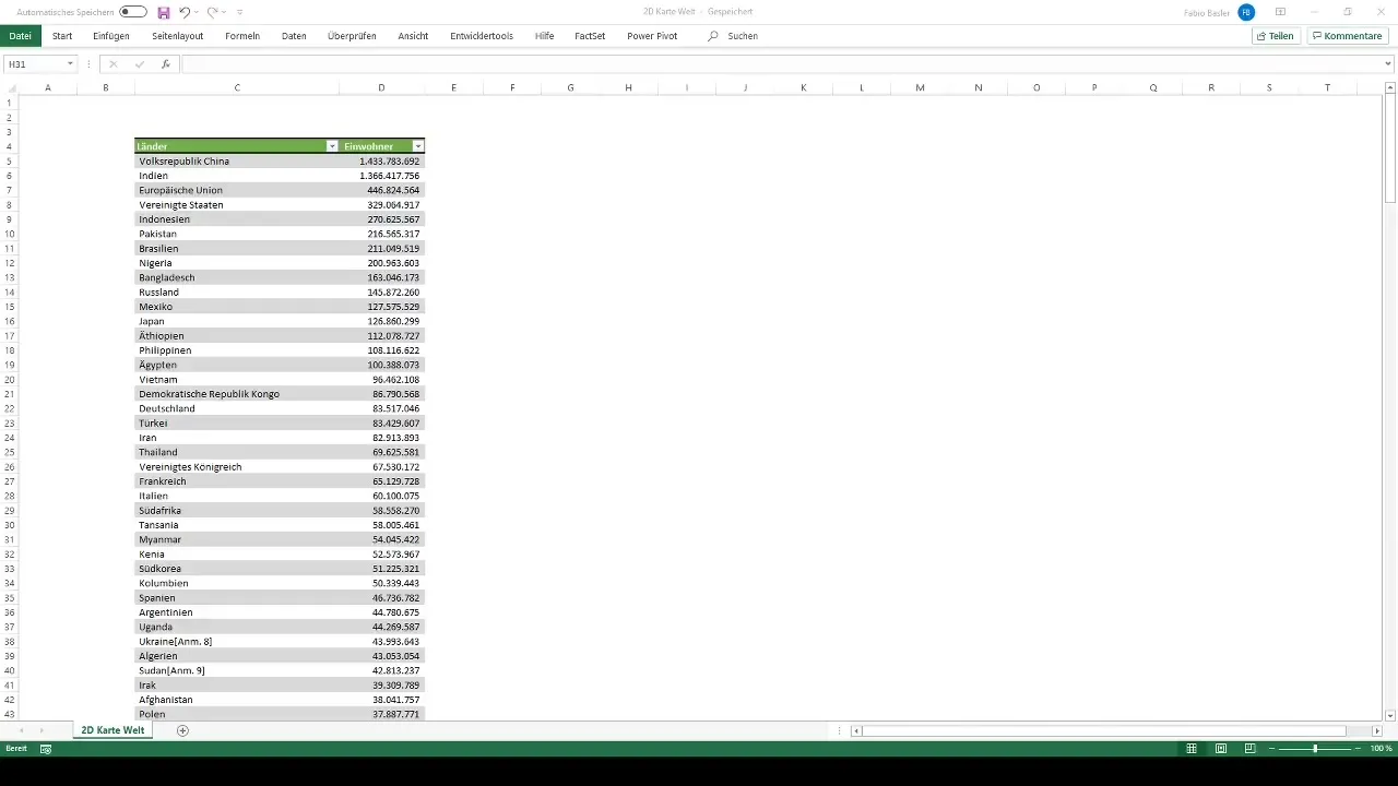 Crear un gráfico de mapas en 2D en Excel - visualizar las cifras de población en todo el mundo