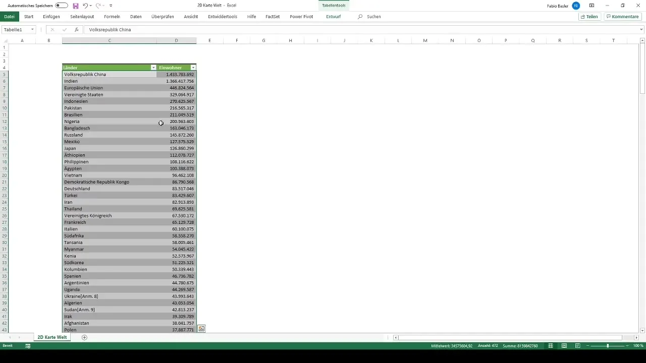 Opret et 2D kortdiagram i Excel - visualiser befolkningstal globalt