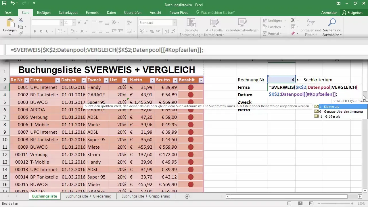 Динамично търсене със SVERWEIS и VERGLEICH в Excel