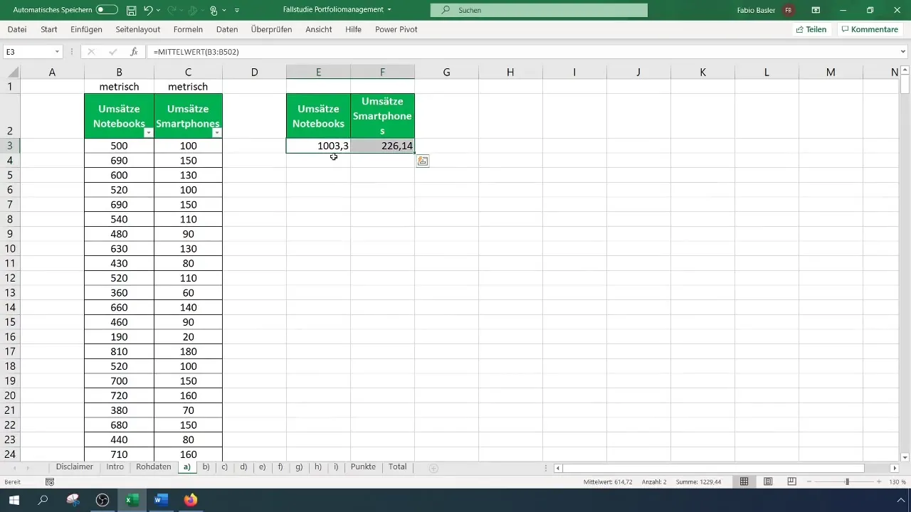 Gemiddelde analyse van verkoopcijfers in Excel