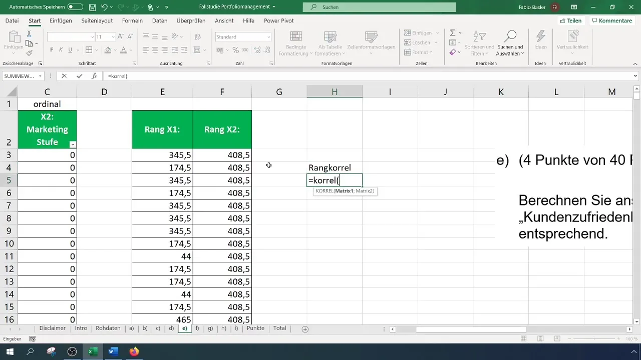 Корелационен анализ на ранг в Excel за удовлетвореност на клиентите