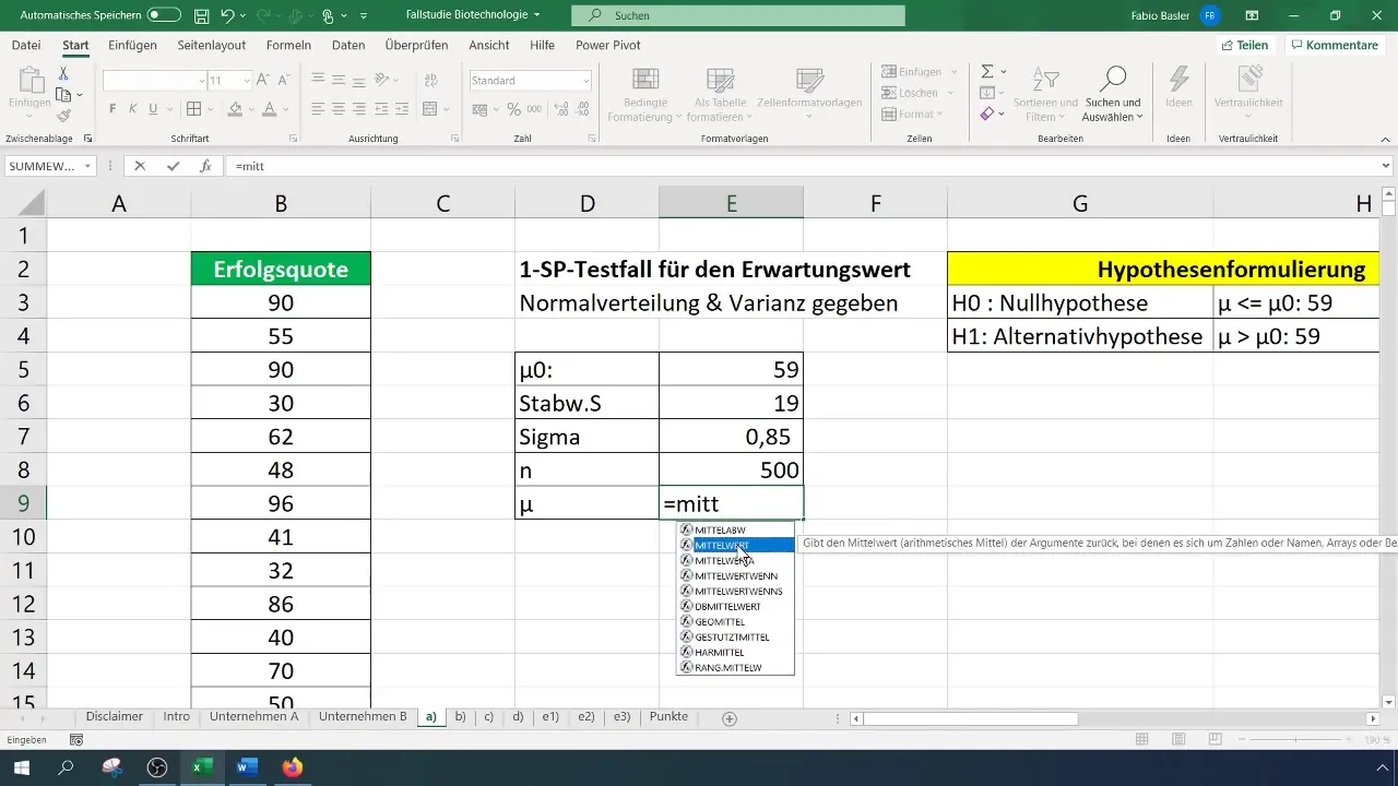 Succesvolle 1-SP-test van de verwachtingswaarde in Excel