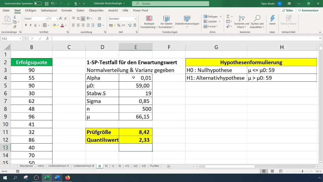 Succesvolle 1-SP-test van de verwachtingswaarde in Excel