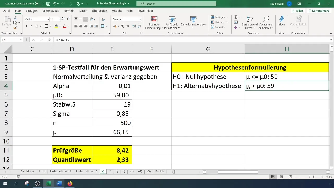 Geslaagde 1-SP-test van de verwachtingswaarde in Excel