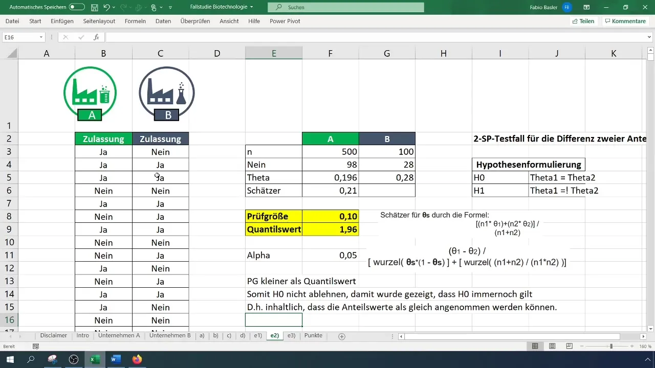 Veiciet 2-SP testu proporcionālajām vērtībām programmā Excel