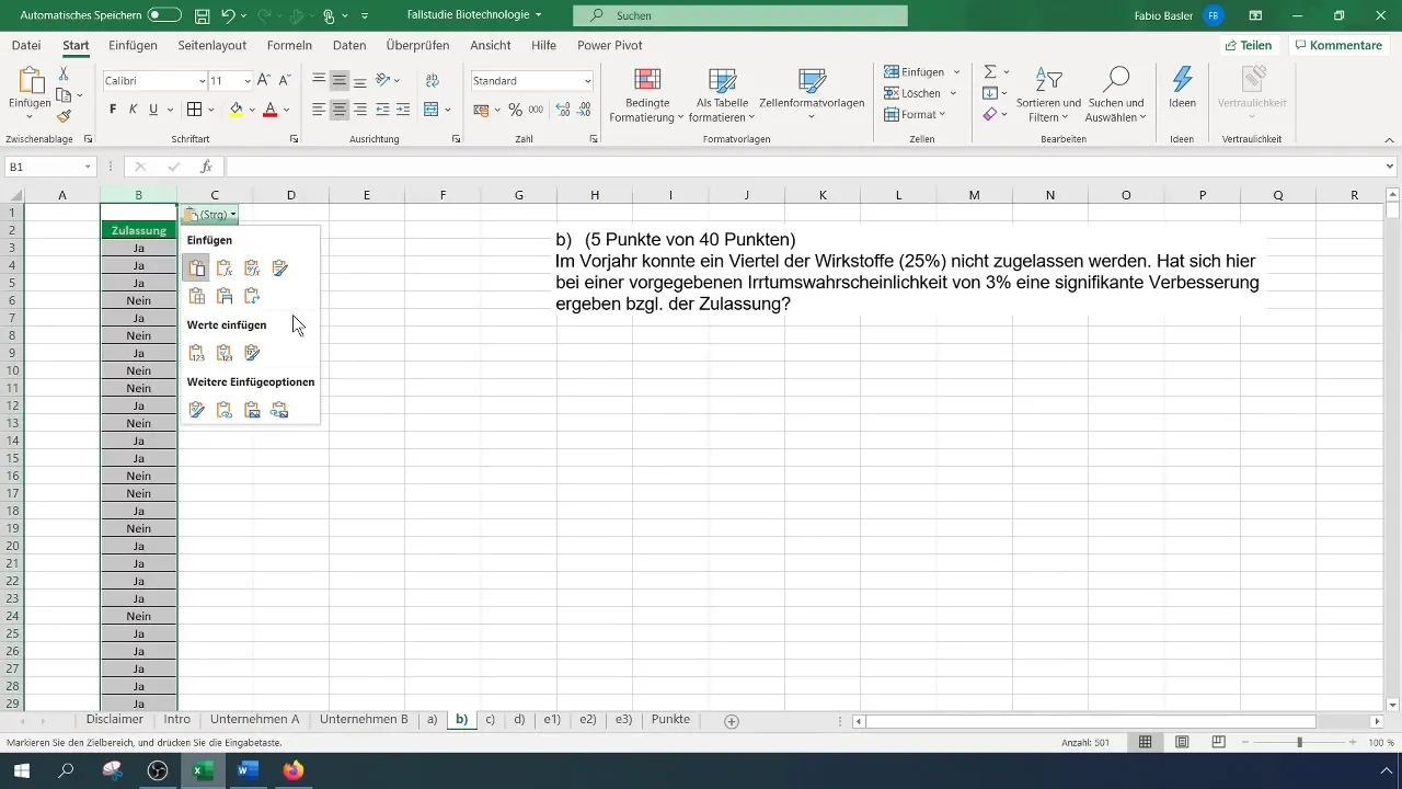 1-SP-Test uitvoeren voor de aandeelwaarde in Excel