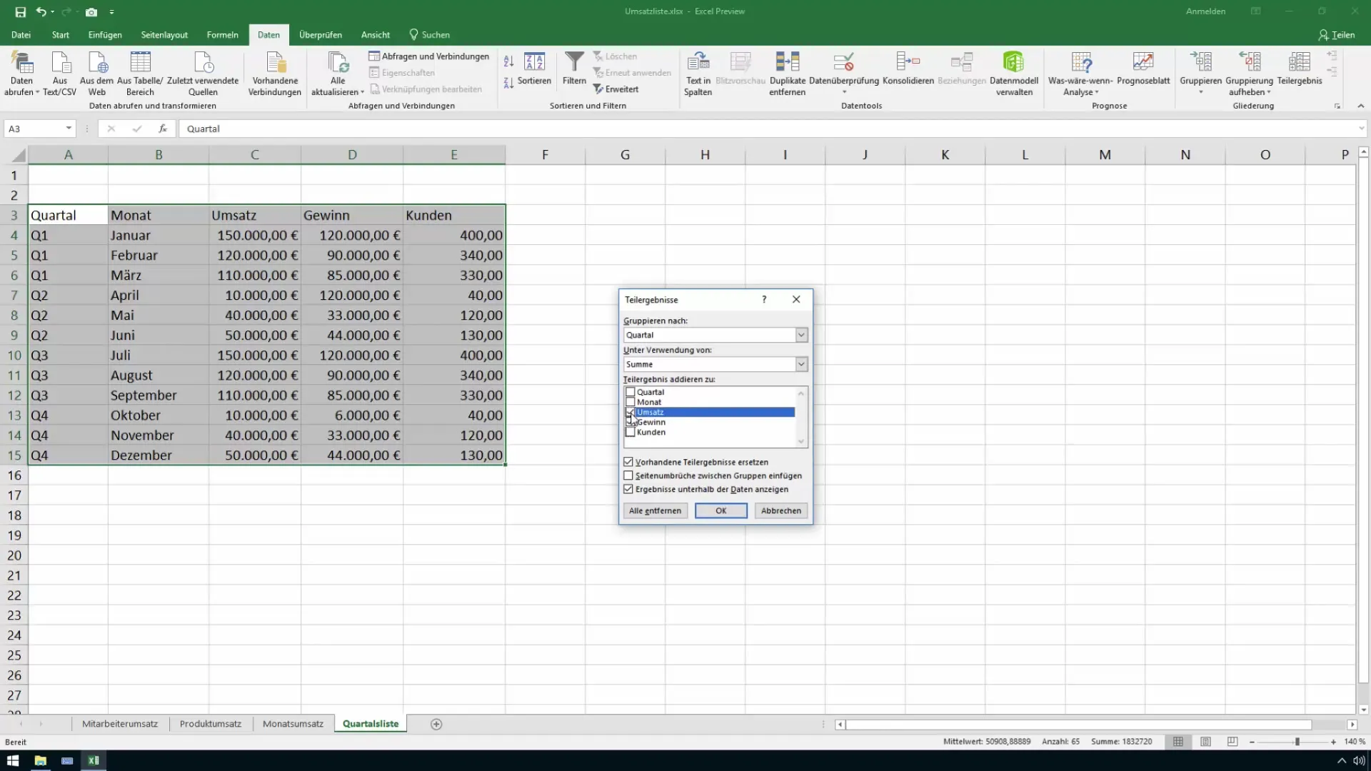 Sous-totaux automatiques dans Excel pour le contrôle et la vente