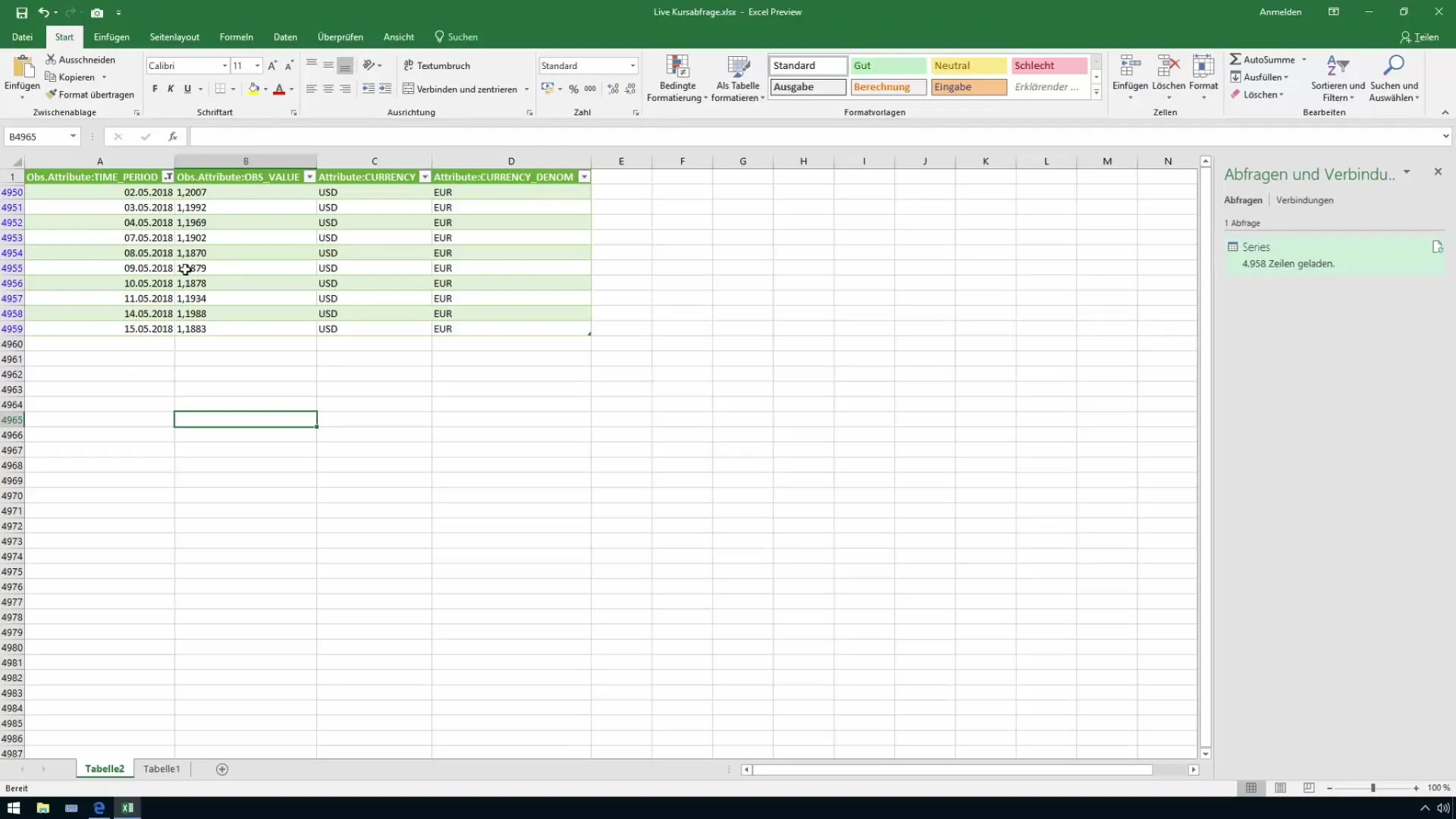 Importer les taux de change dans Excel