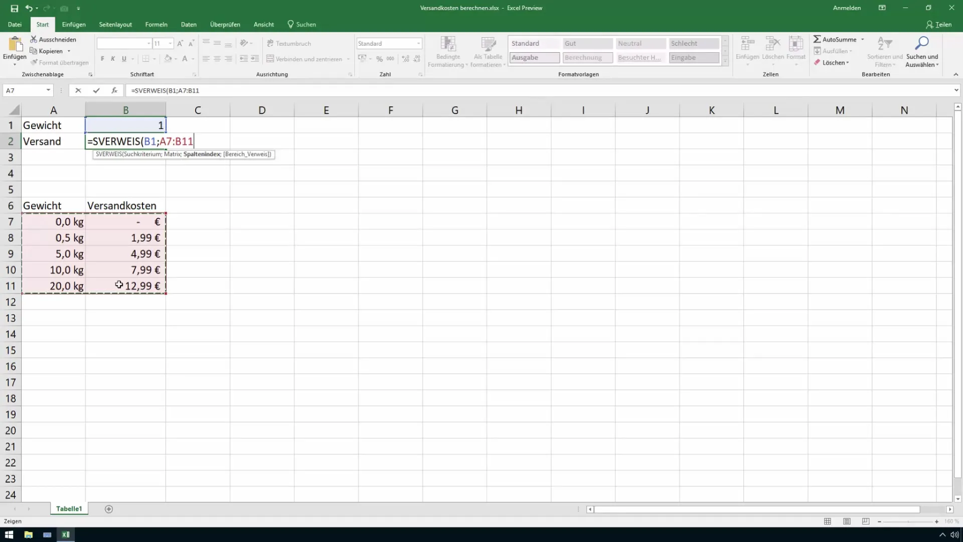 Calculate shipping costs in Excel - use VLOOKUP